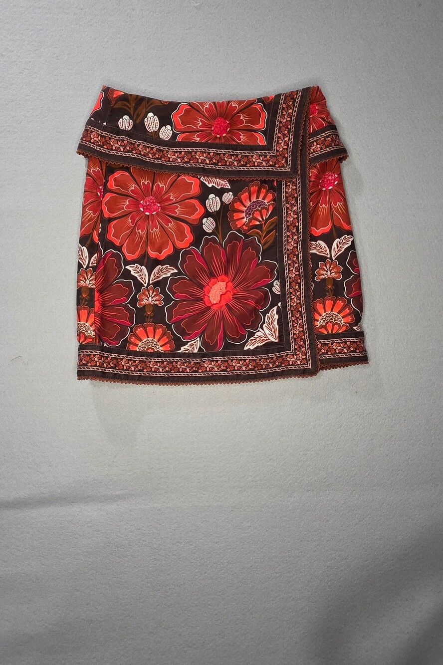 Farm Rio Gigi Wrap-Effect Floral-Print Cotton-Twill Mini Skirt Sz25  Boho 70s